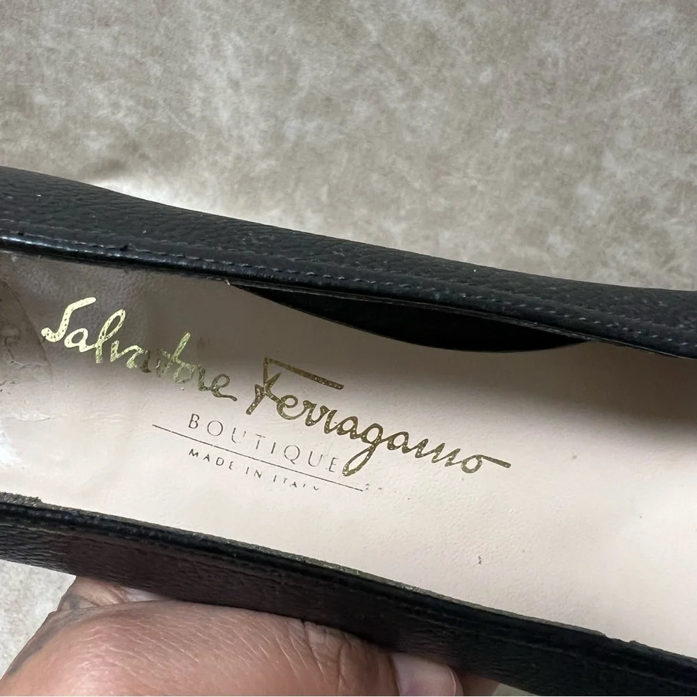 Salvatore Ferragamo Wedge Heels Womens Sz 7 Black Leather Slip On Shoes Pumps